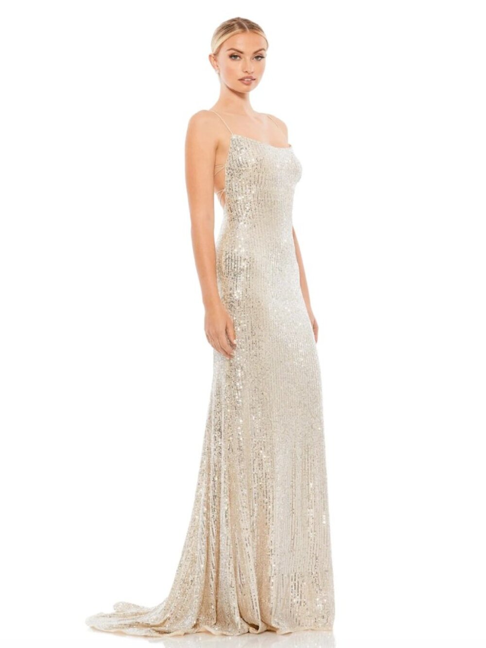 NWT Ieena Mac Duggal Nude Silver Sequin Open Low Lace Up Back Maxi Dress Gown